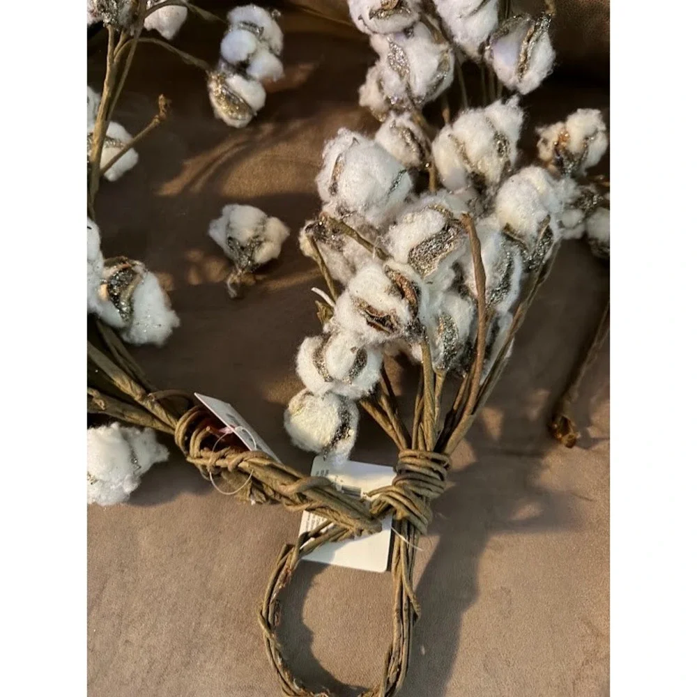 Blooming Holiday Cotton Boll Teardrop Stems Glitter Farmhouse Decor Set of 2 NWT